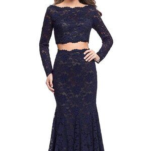 NWT La Femme 25668 Lace Evening Gown Blue Size 8